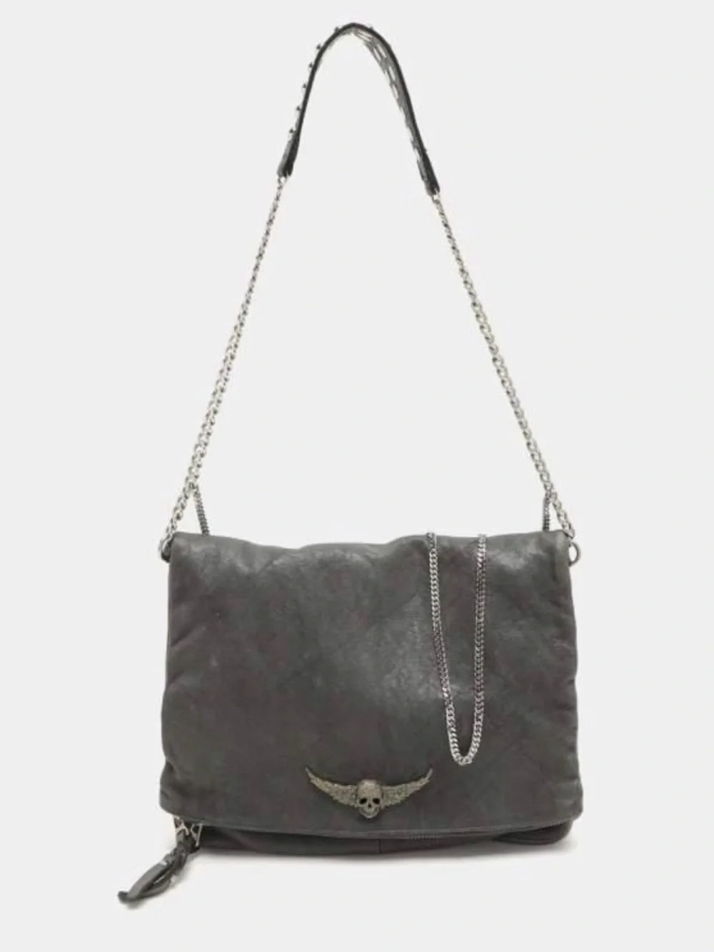 Zadig & Voltaire Rocky Gray Distressed Leather Foldover Chain Crossbody